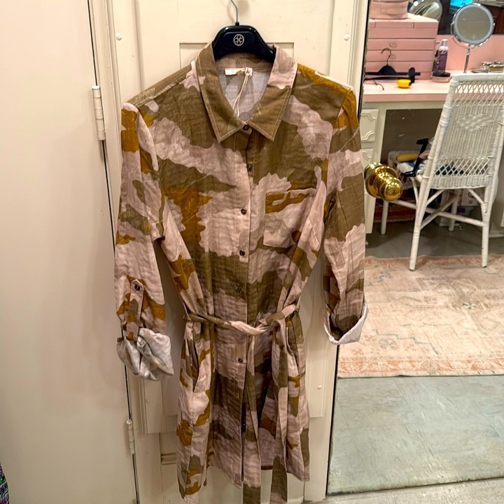 NWT!  Camo linen shirt dress. Size L. Perfect for transition! By Mysteree